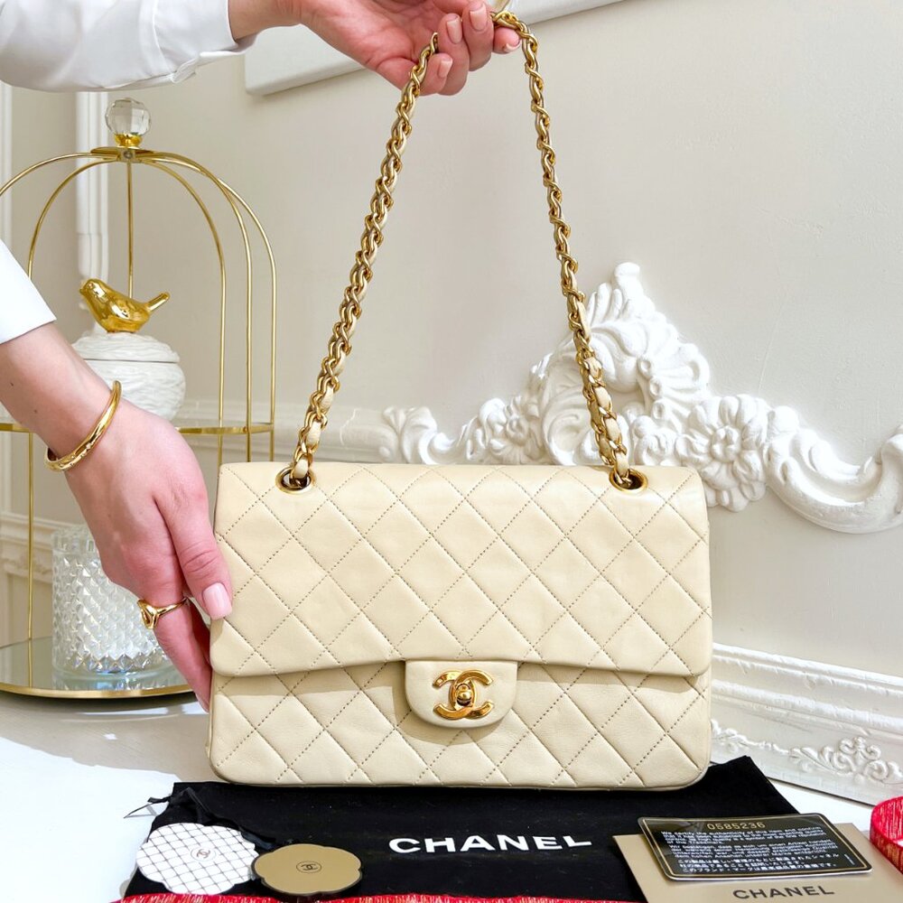 Authentic Chanel classic double flap beige lambskin  HWRD Shoulder bag  B0895